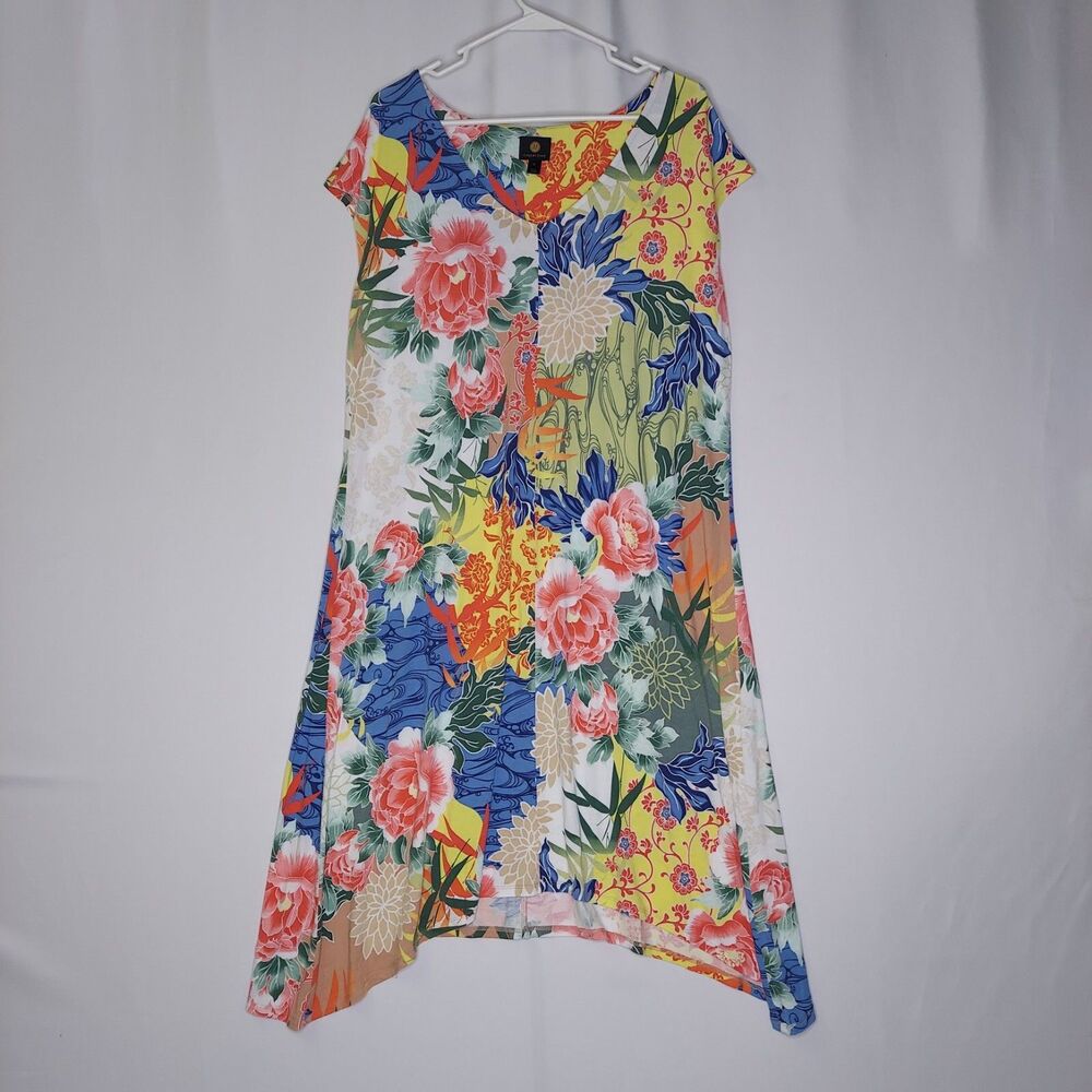 JM Collection Midi Dress‎ XL Multicolor Bold Floral Stretch Cap Sleeve V-Neck